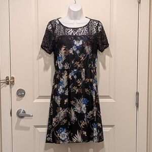 EUC Angeleye London 6 Black Eyelash Lace Blue Floral Print A-Line Dress